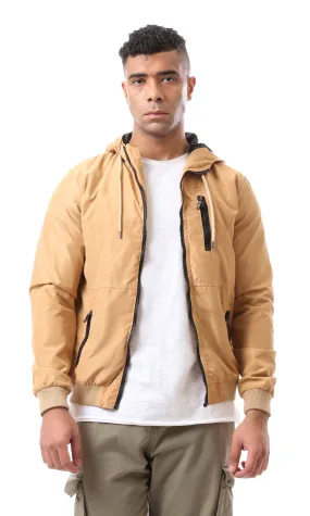 O157787 Elastic Ribbed Cuff Zip Up Dark Beige Bomber Jacket