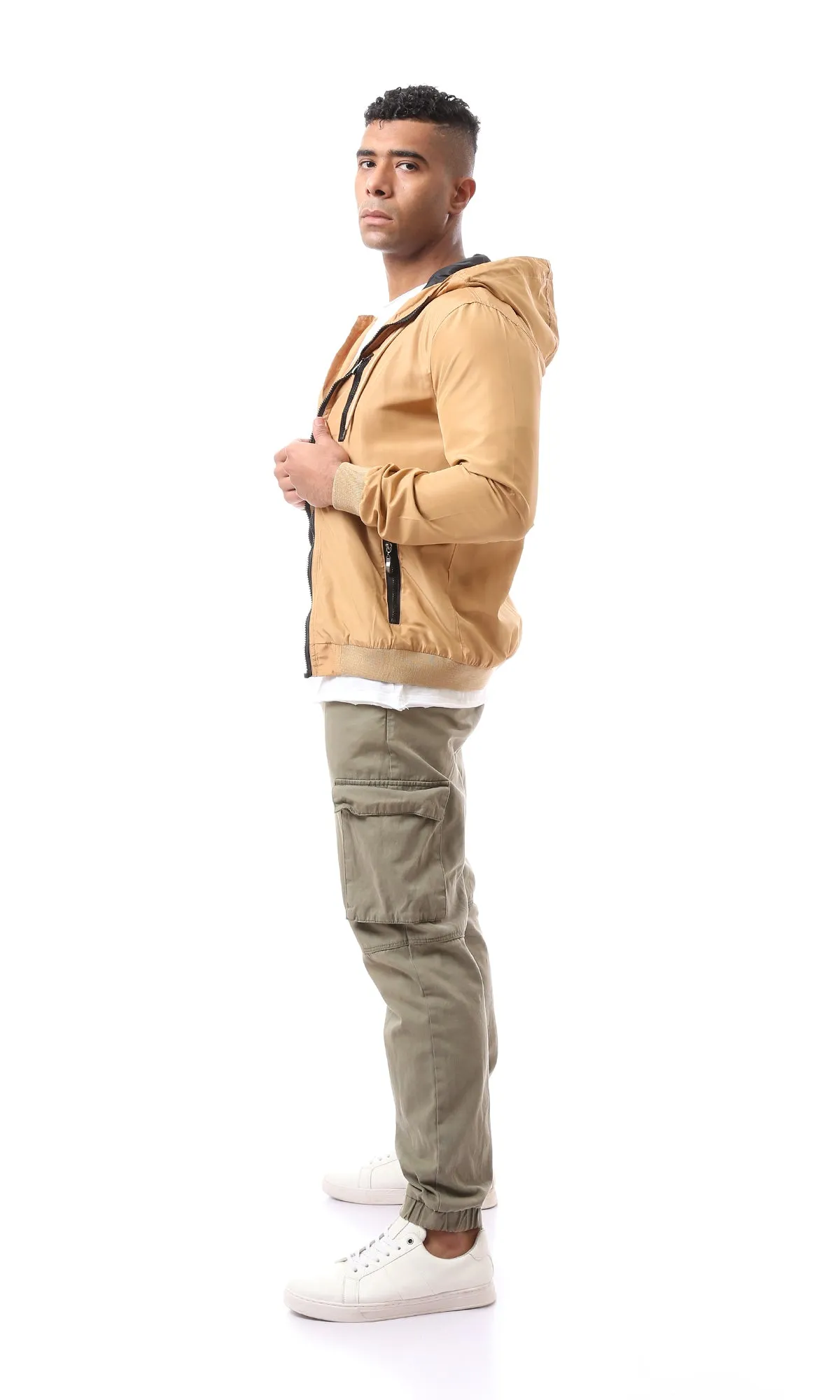 O157787 Elastic Ribbed Cuff Zip Up Dark Beige Bomber Jacket