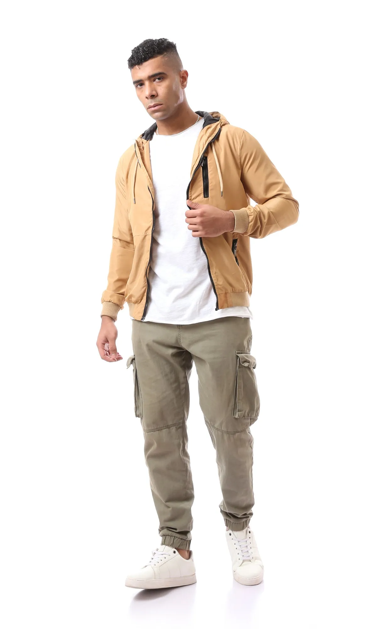 O157787 Elastic Ribbed Cuff Zip Up Dark Beige Bomber Jacket
