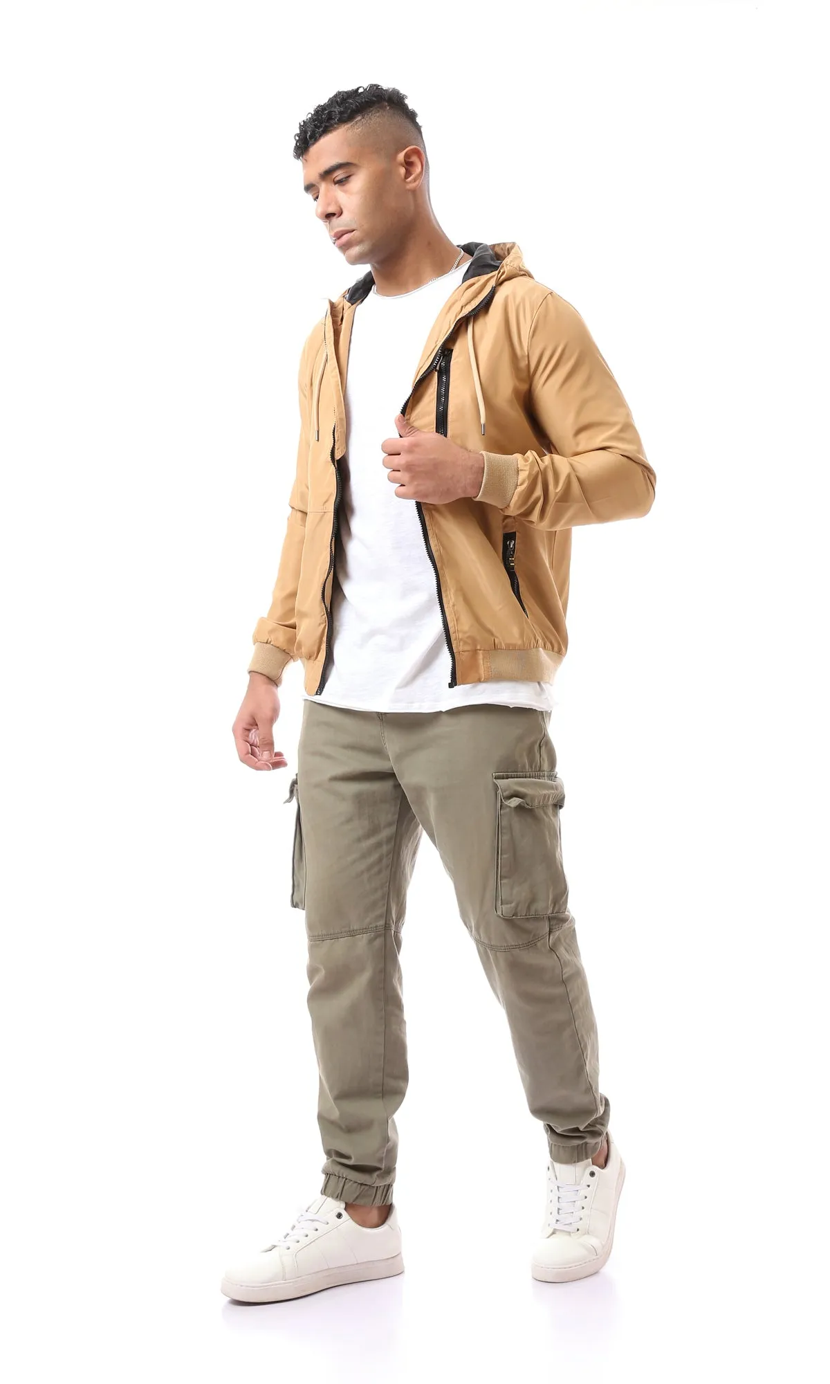O157787 Elastic Ribbed Cuff Zip Up Dark Beige Bomber Jacket
