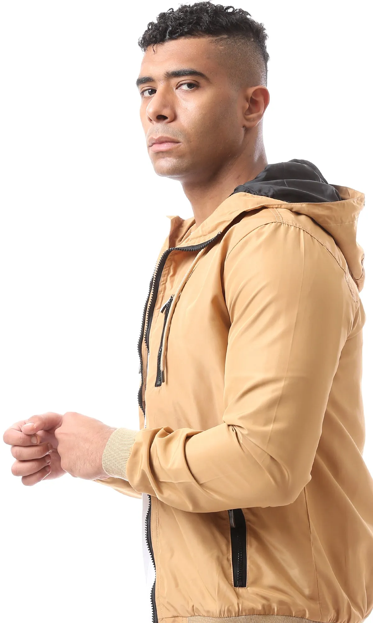 O157787 Elastic Ribbed Cuff Zip Up Dark Beige Bomber Jacket
