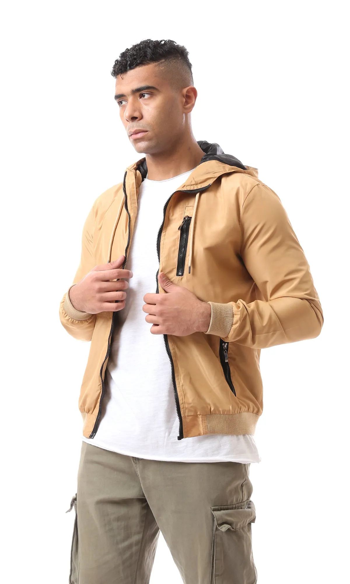 O157787 Elastic Ribbed Cuff Zip Up Dark Beige Bomber Jacket