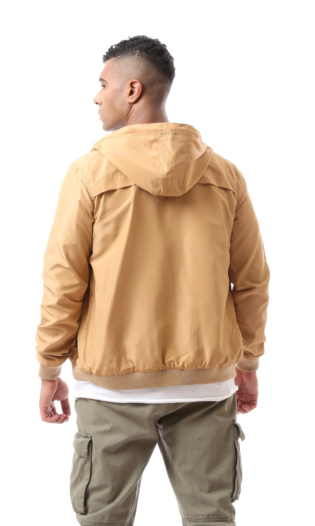 O157787 Elastic Ribbed Cuff Zip Up Dark Beige Bomber Jacket