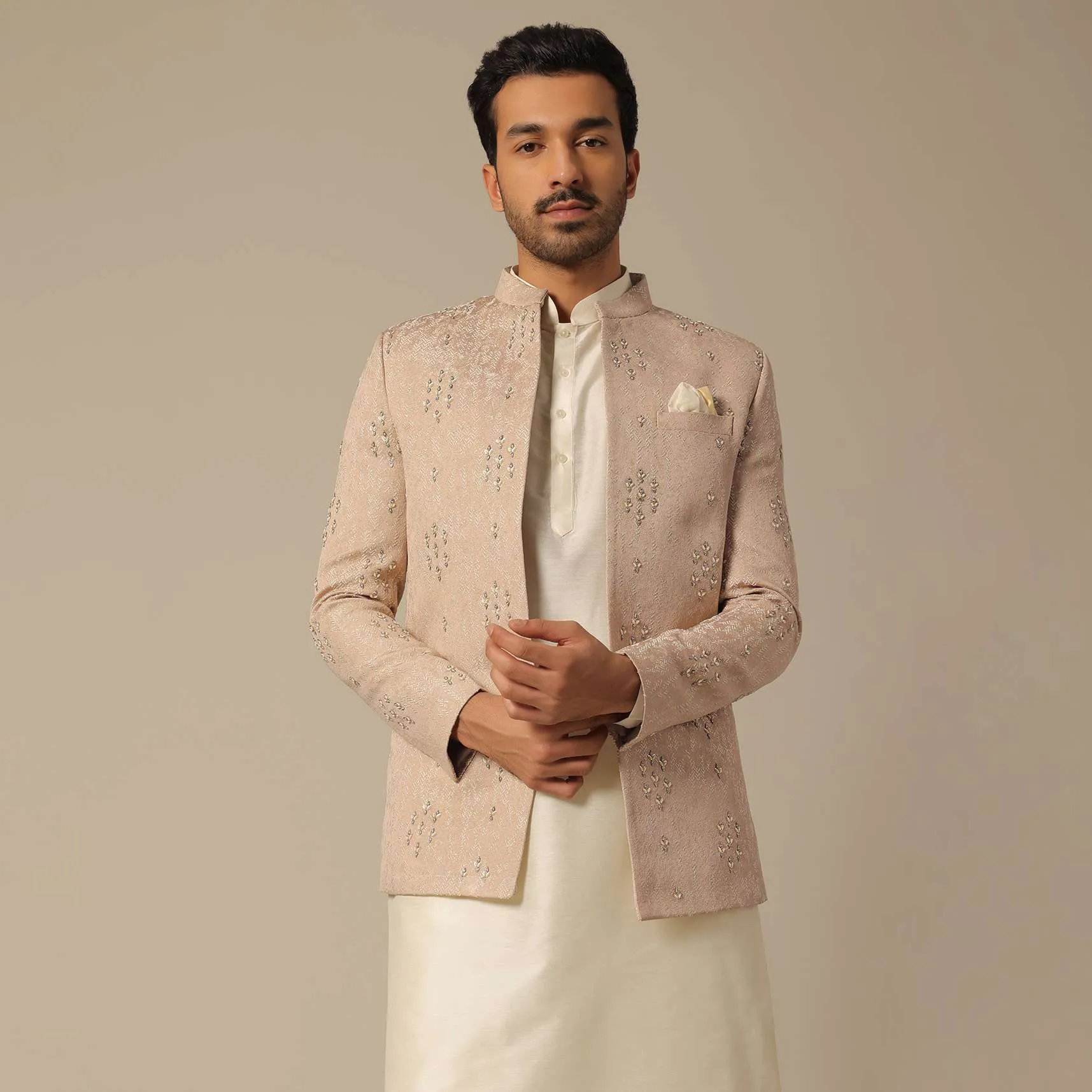 Peach Jacquard Jodhpuri Set With Embroidered Detail