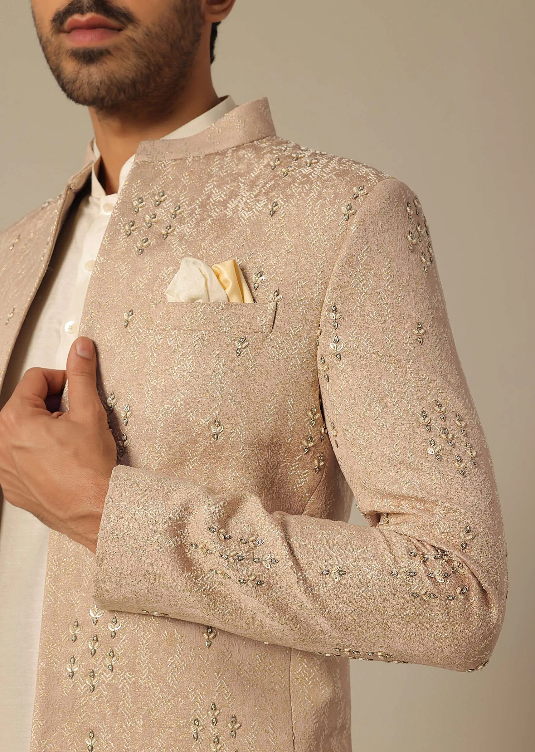 Peach Jacquard Jodhpuri Set With Embroidered Detail