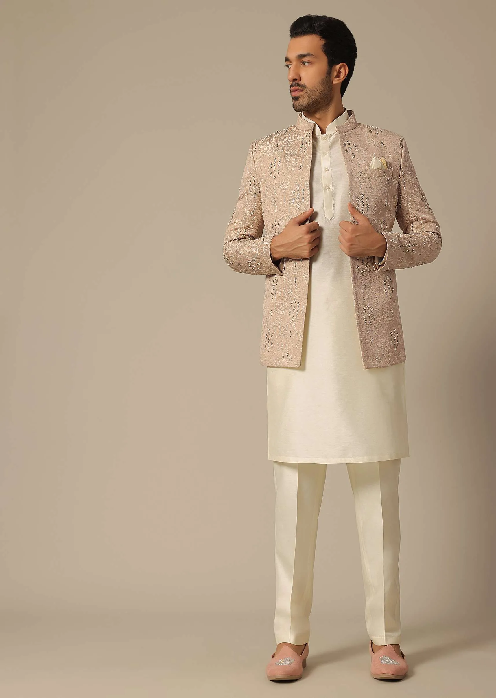 Peach Jacquard Jodhpuri Set With Embroidered Detail
