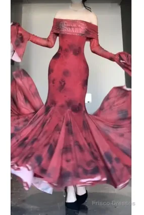 Retro Mermaid Off The Shoulder Floral Red Long Sleeves Party Dresses Birthday Outfits