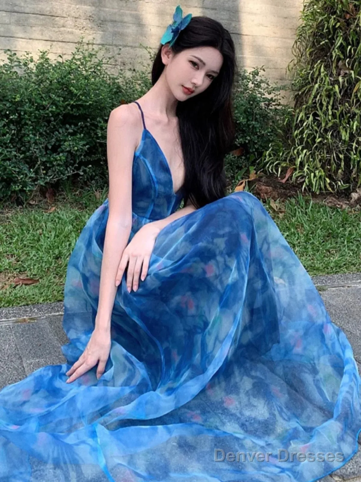 Sexy A Line Spaghetti Straps Blue Floral Backless Holiday Beach Dress WomenS Long Vacation Dresses