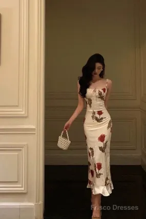 Sexy Sheath Spaghetti Straps White Satin Red Floral Long Prom Dresses Birthday Outfit