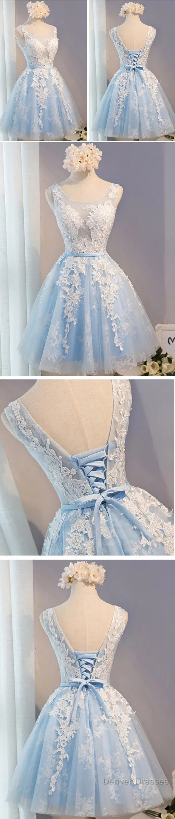 Short Blue Floral Prints Appliques Sleeveless Scoop Neckline Lace Up Back For Teen Lovely Homecoming Dress