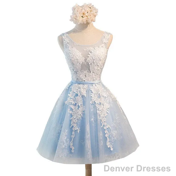 Short Blue Floral Prints Appliques Sleeveless Scoop Neckline Lace Up Back For Teen Lovely Homecoming Dress
