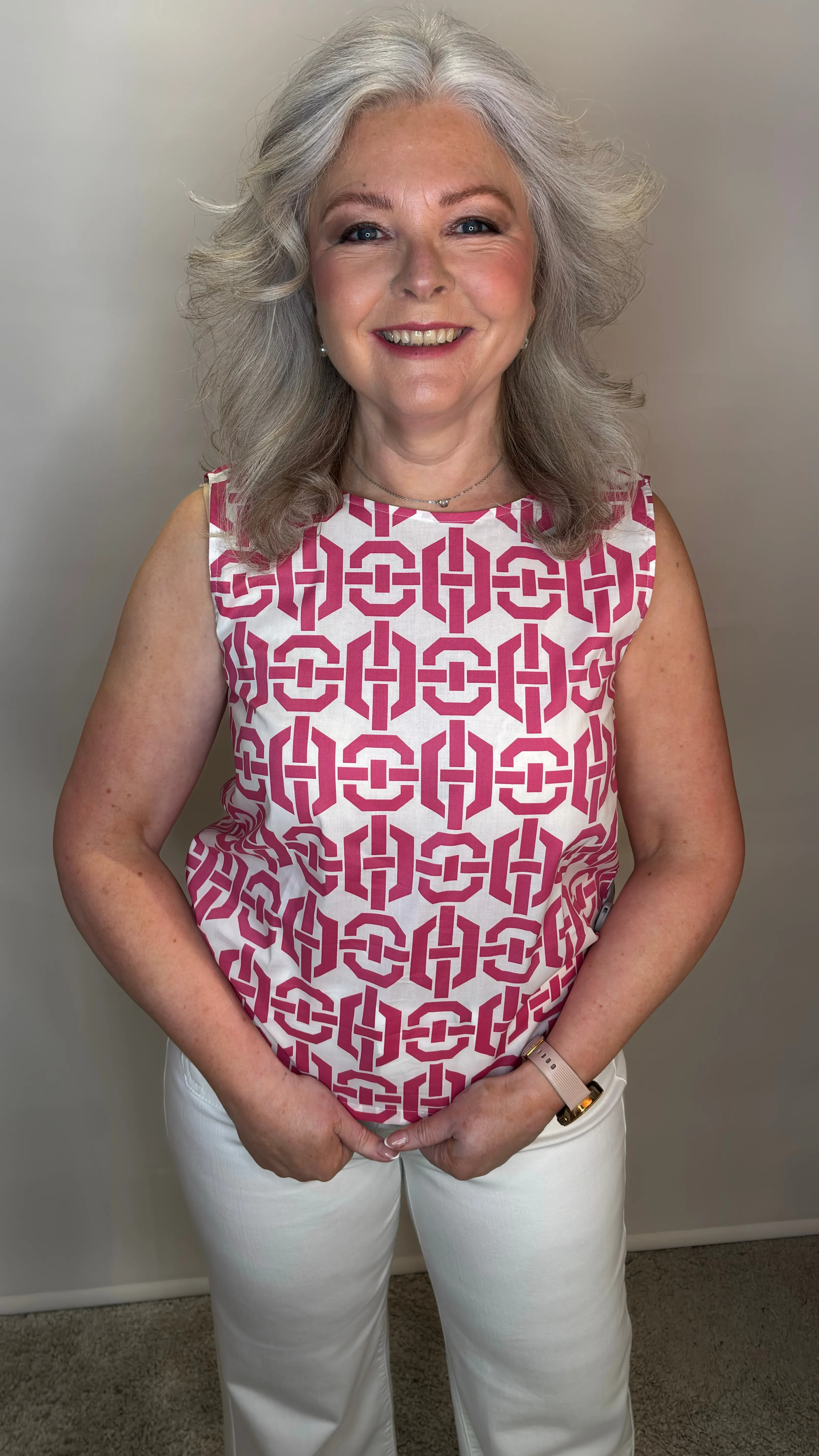 Sleeveless Geometric Print Blouse - Azalea Rose