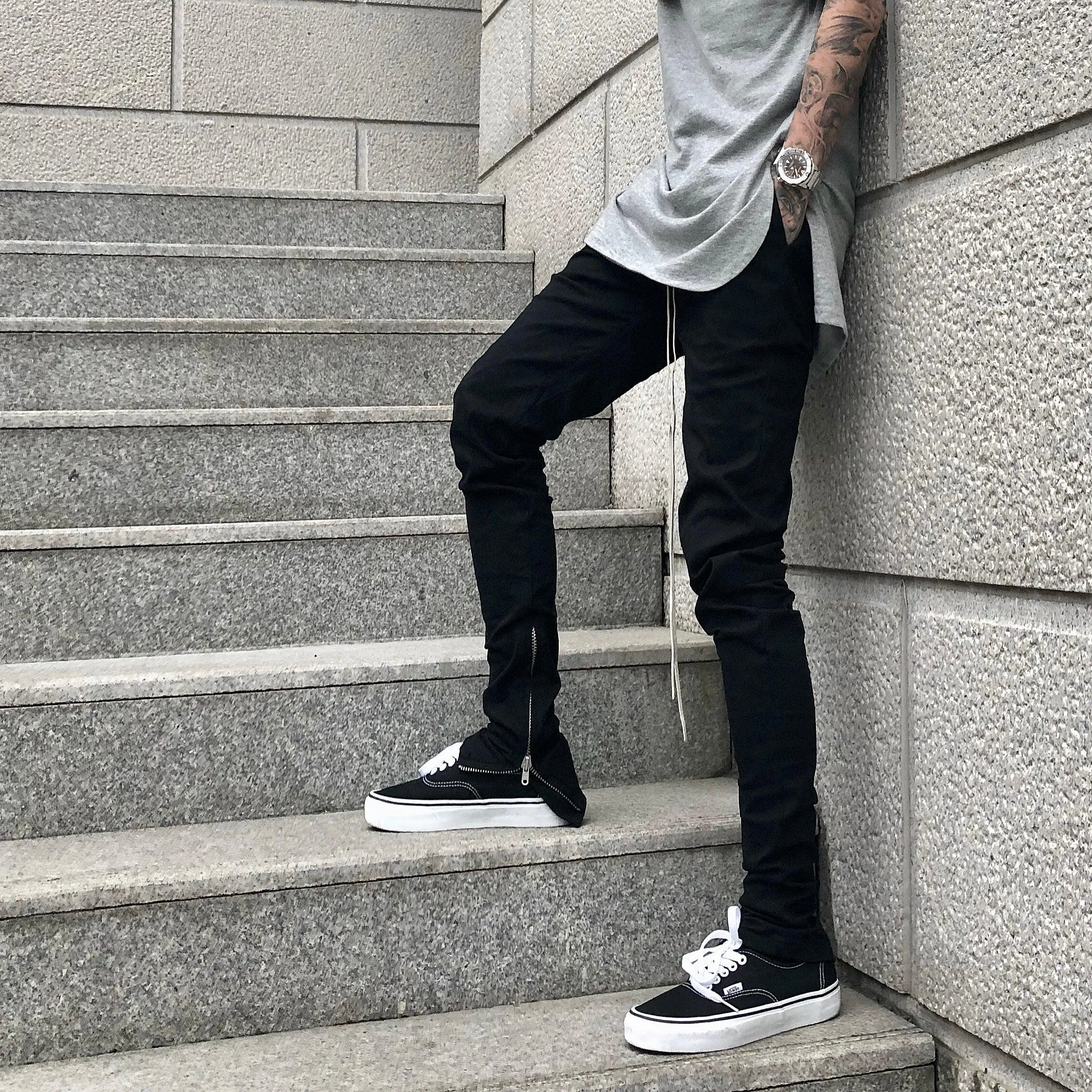 Slim drawstring zipper casual pants men