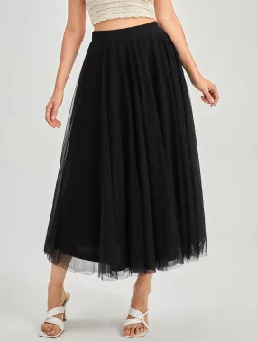 Solid Color Mesh Skirt_Black
