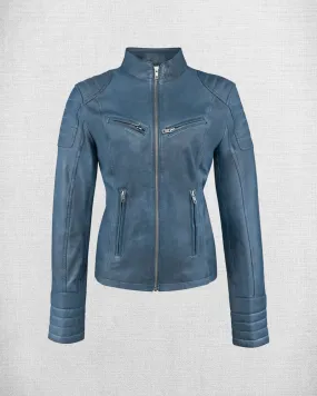 Stylish Wax Blue Leather Jacket For Women