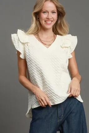 Textured Jacquard Ruffle Cap Sleeve Blouse