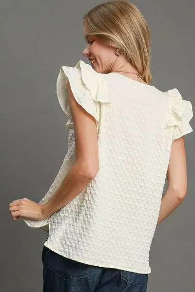 Textured Jacquard Ruffle Cap Sleeve Blouse