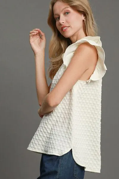 Textured Jacquard Ruffle Cap Sleeve Blouse