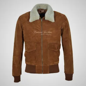 TOP GUN Men's Suede Bomber Jacket White Natural Fur Collar