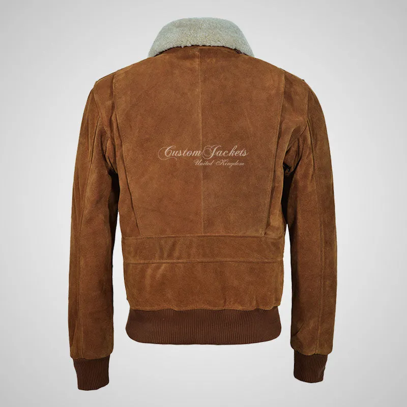 TOP GUN Men's Suede Bomber Jacket White Natural Fur Collar