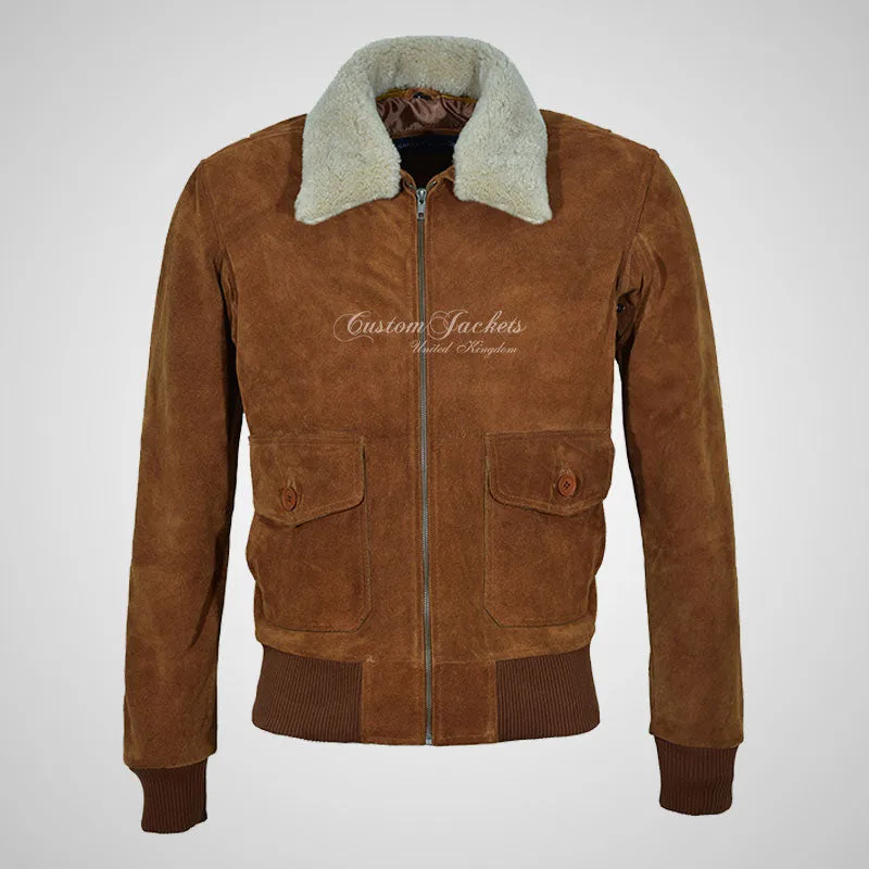 TOP GUN Men's Suede Bomber Jacket White Natural Fur Collar