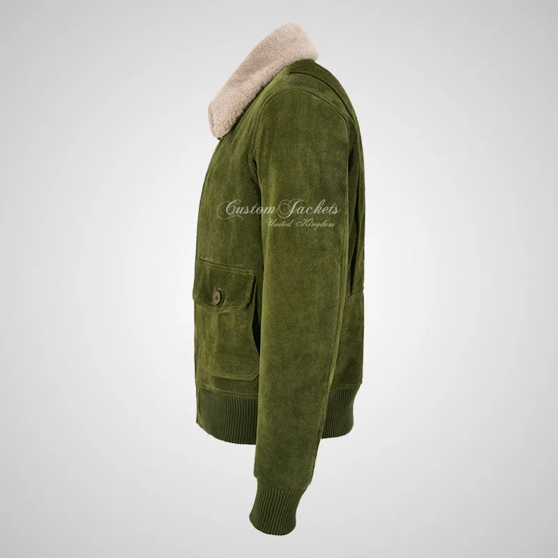 TOP GUN Men's Suede Bomber Jacket White Natural Fur Collar