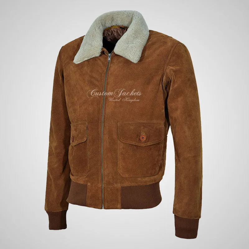 TOP GUN Men's Suede Bomber Jacket White Natural Fur Collar