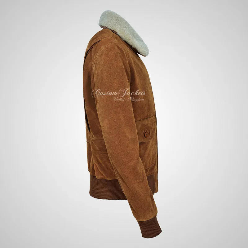 TOP GUN Men's Suede Bomber Jacket White Natural Fur Collar