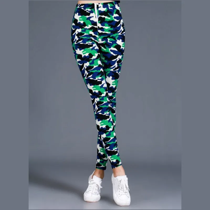 Trendy Camo Prints Outdoor Brushed Cotton Printed Women Plus Size Stretchable Slim-Look Slim-Fit Pants Ankle-Length Leggings